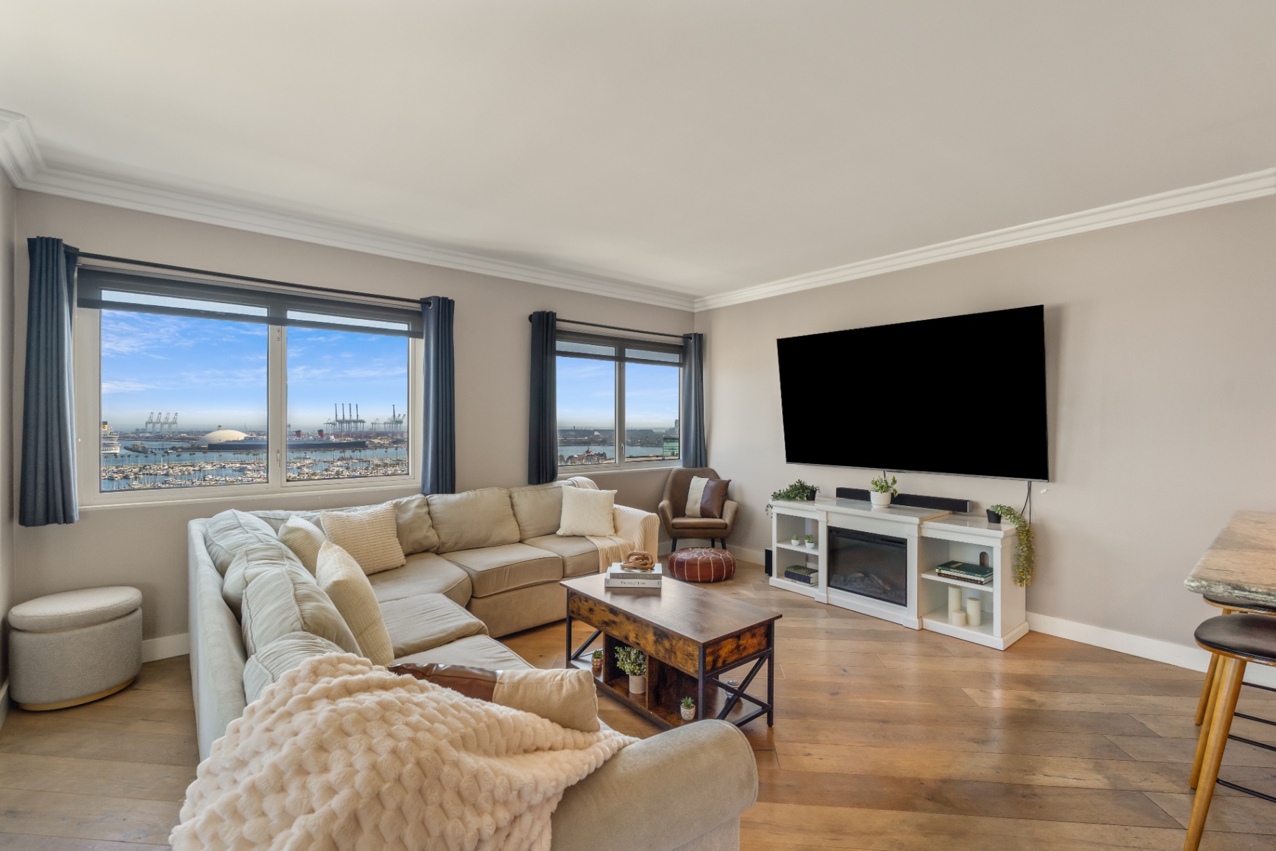 Living Room with Fireplace & Harbor Views
