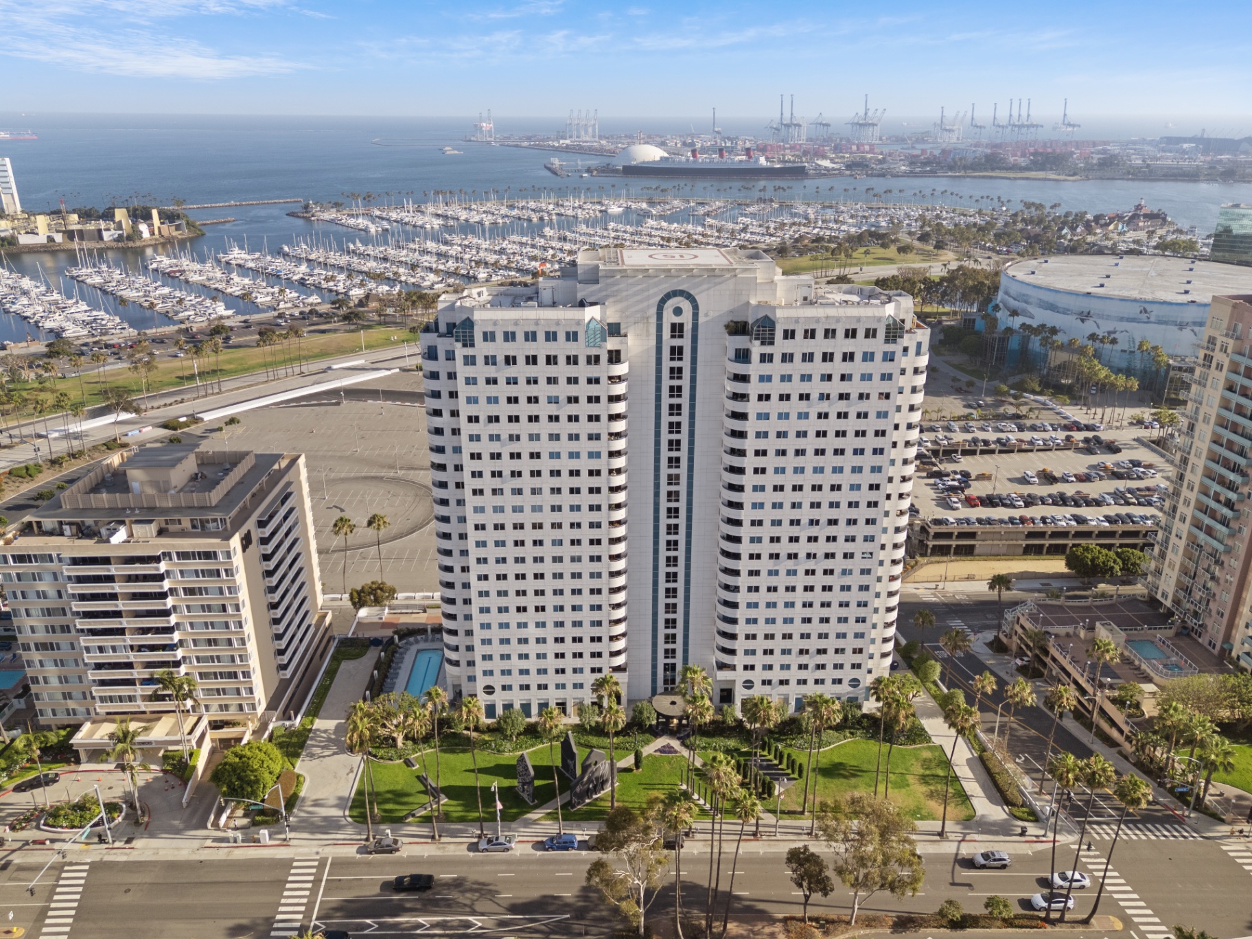 Aerial Front View — Harbor Place Tower & Marina